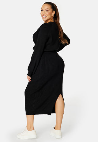 Round Neck Rib Knitted Midi Dress