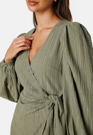 Balloon Sleeve Structured Wrap Dress