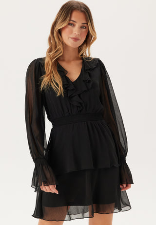 V-neck Frill L/S Chiffon Dress