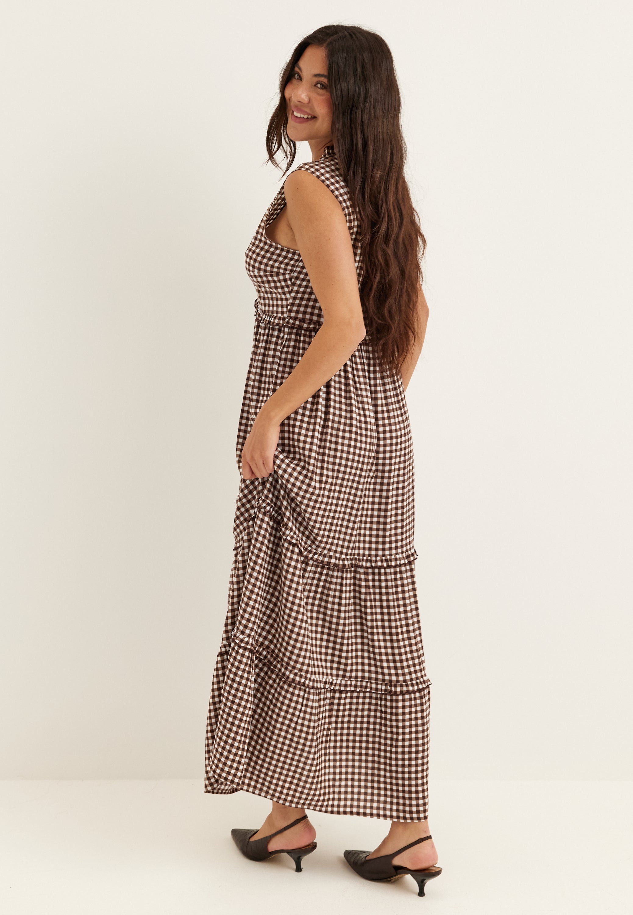 brown gingham maxi dress Bubbleroom – Frill Maxi Dress – Brown – Brown / Patterned