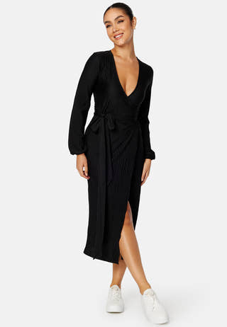 Pleated Wrap Midi Dress