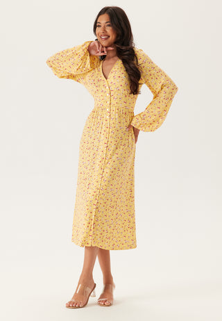 Soft Midi Button Volume Sleeve Dress