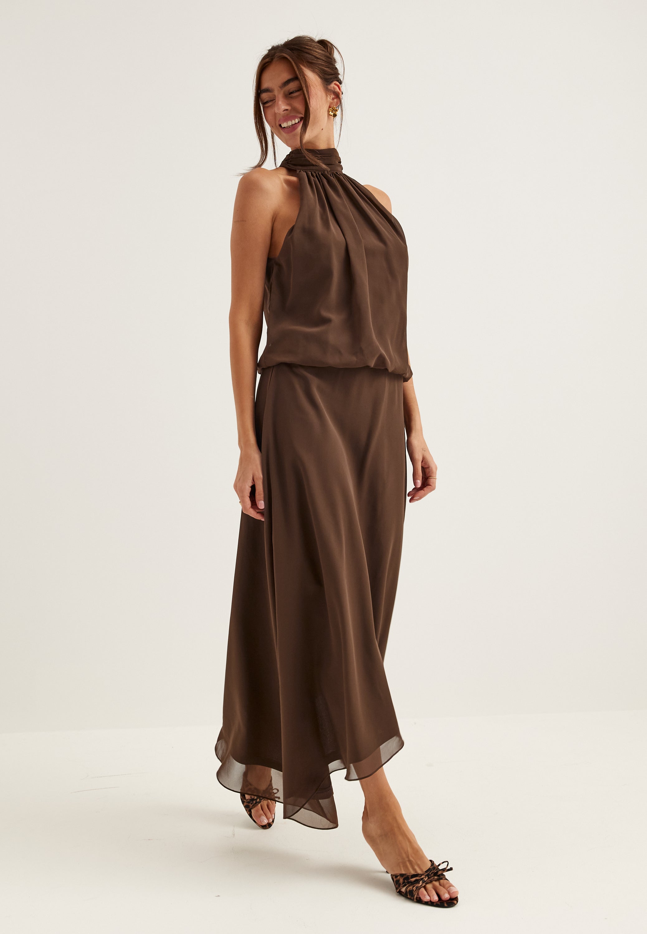 Bubbleroom occasion – Asymmetric Chiffon Halterneck Dress – coming soon –  Brown