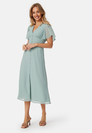 Butterfly Sleeve Button Midi Dress