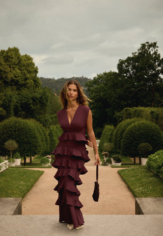 Deep V-Neck Flounce Gown