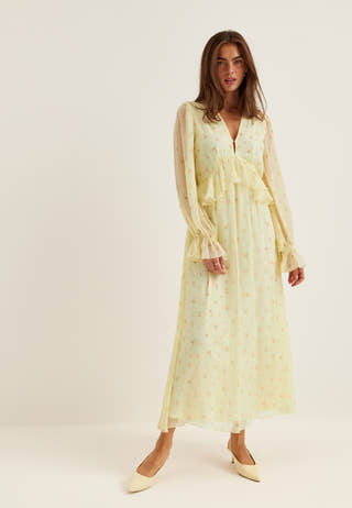 Frill L/S Chiffon Midi Dress