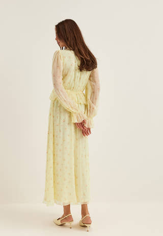 Frill L/S Chiffon Midi Dress