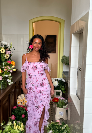 Peaky Shoulder Flounce Maxi Dress