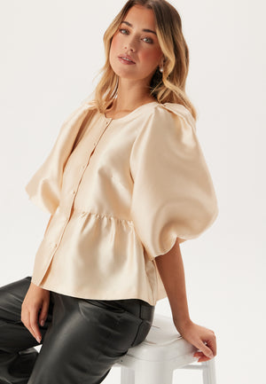Puff Sleeve Peplum Satin Blouse
