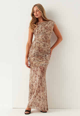 Ruched Asymmetric Mesh Ankle Dress