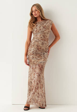 Ruched Asymmetric Mesh Ankle Dress