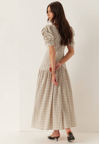 Ruched Puff Sleeve Ankle Dress