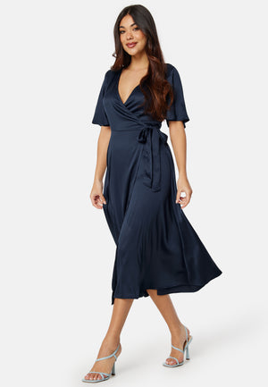Butterfly Sleeve Wrap Satin Midi Dress