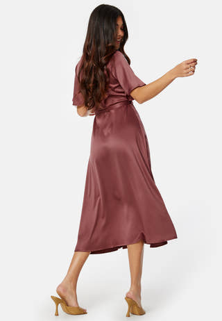Butterfly Sleeve Wrap Satin Midi Dress