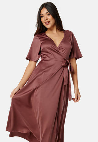 Butterfly Sleeve Wrap Satin Midi Dress