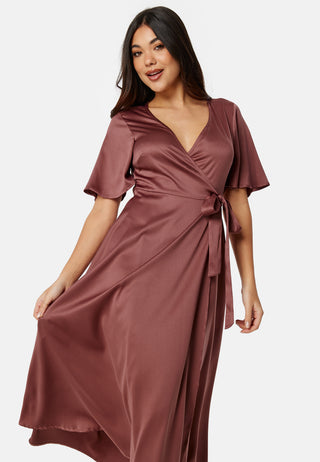 Butterfly Sleeve Wrap Satin Midi Dress