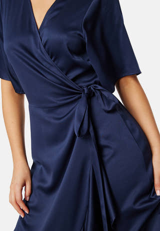 Frill Wrap Satin Midi Dress