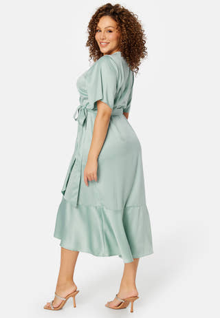 Frill Wrap Satin Midi Dress