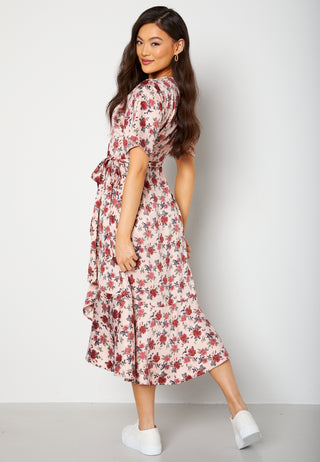 Frill Wrap Satin Midi Dress