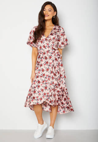 Frill Wrap Satin Midi Dress