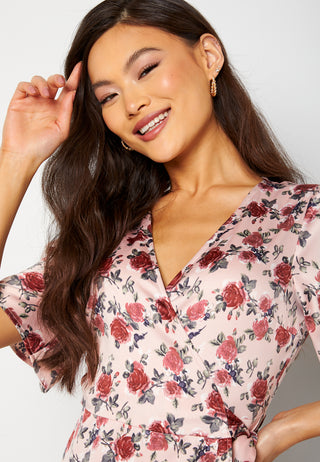 Frill Wrap Satin Midi Dress