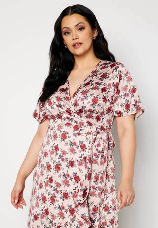 Frill Wrap Satin Midi Dress