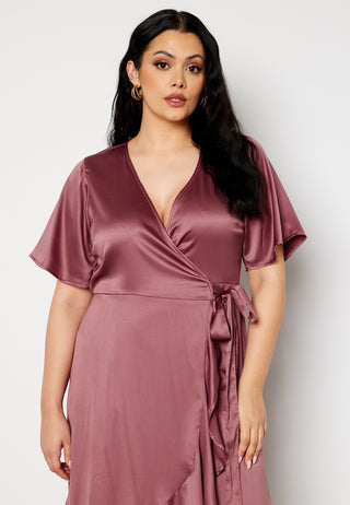 Frill Wrap Satin Midi Dress