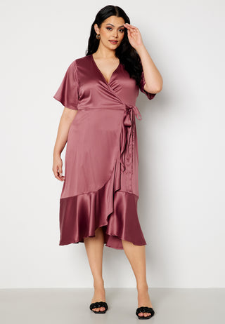 Frill Wrap Satin Midi Dress