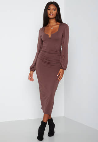 Square V-neck Puff Sleeve Midi Dress