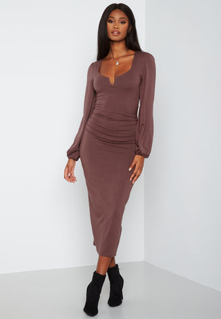 Square V-neck Puff Sleeve Midi Dress