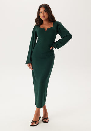 Square V-neck puff sleeve midi dress