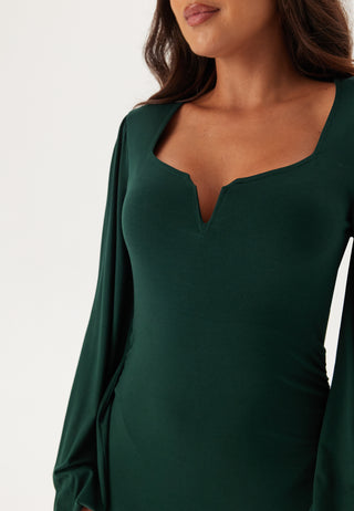 Square V-neck puff sleeve midi dress