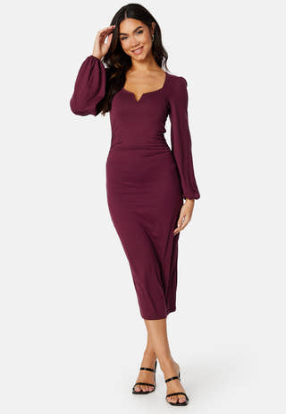 Square V-neck Puff Sleeve Midi Dress