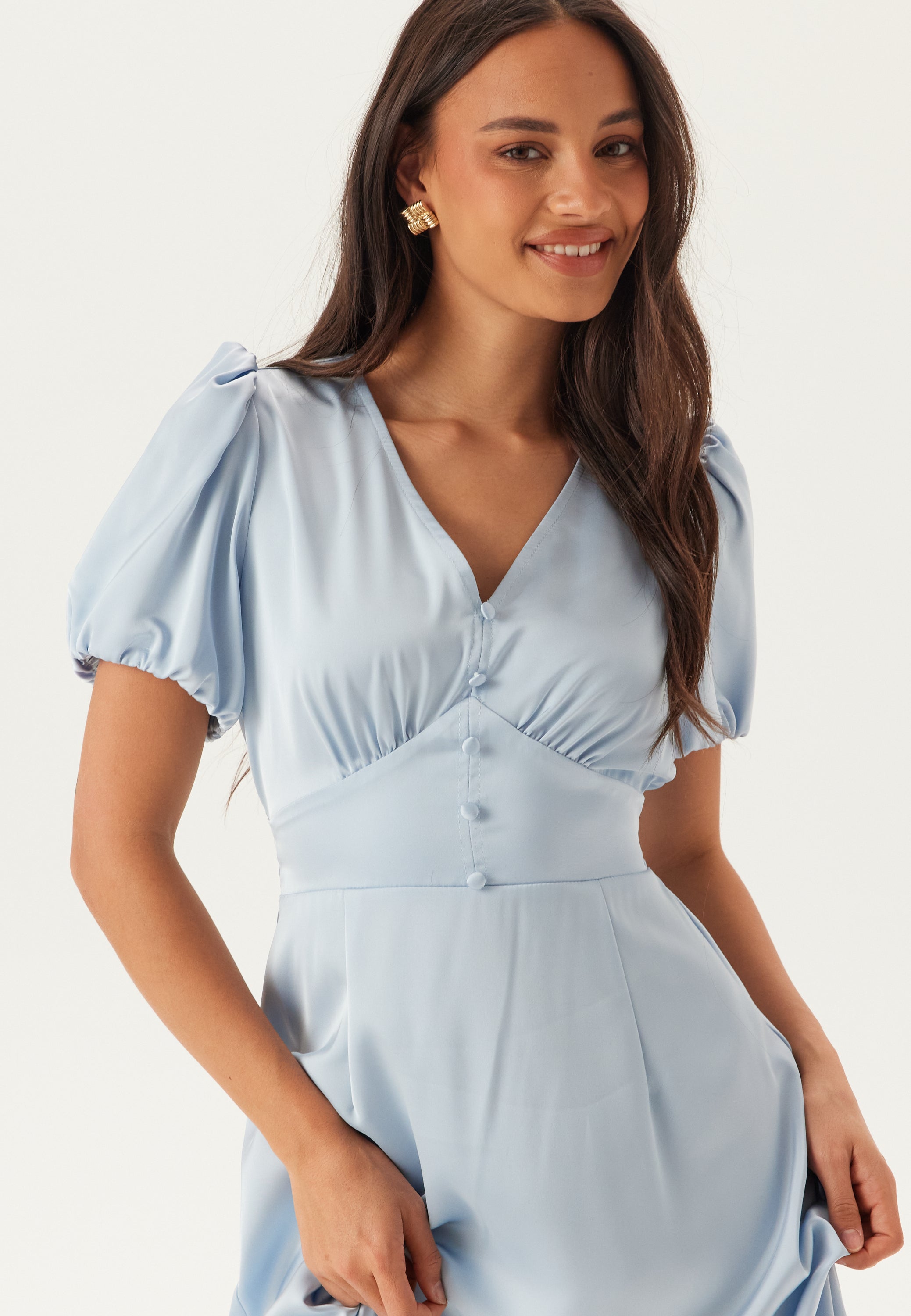 blue white gold dress Orintha Powder Blue Wide-Neck Maxi Dress With Cape And Gold-Detail – Club L  London main image 1