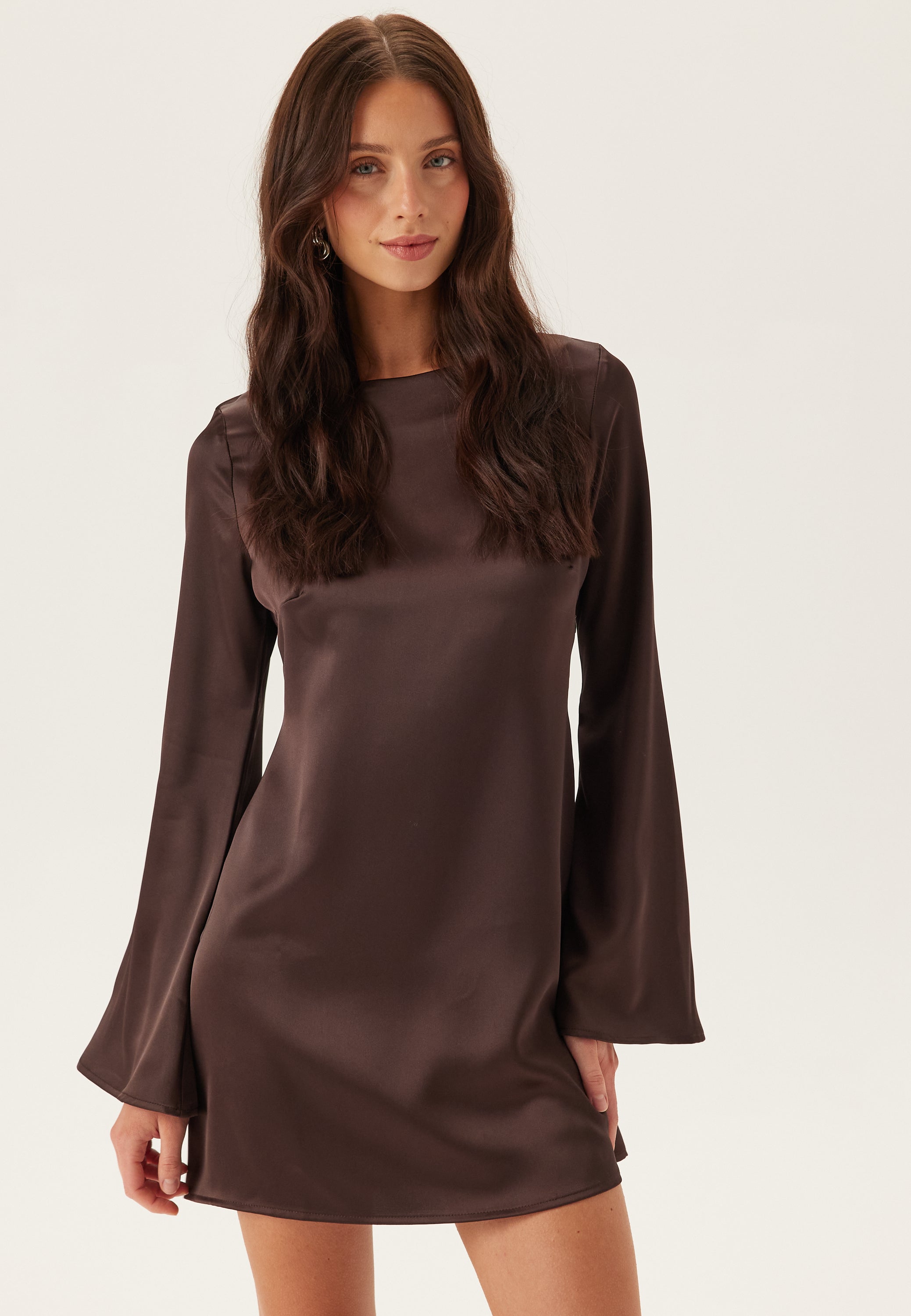 short silk dresses with sleeves Bubbleroom – Satin Trumpet Sleeve Short Dress – Dresses – Brown