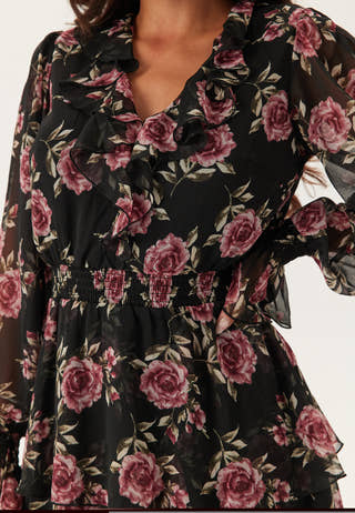 V-neck Frill L/S Chiffon Dress