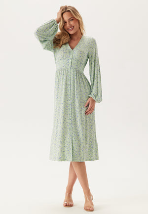 Soft Midi Button Volume Sleeve Dress
