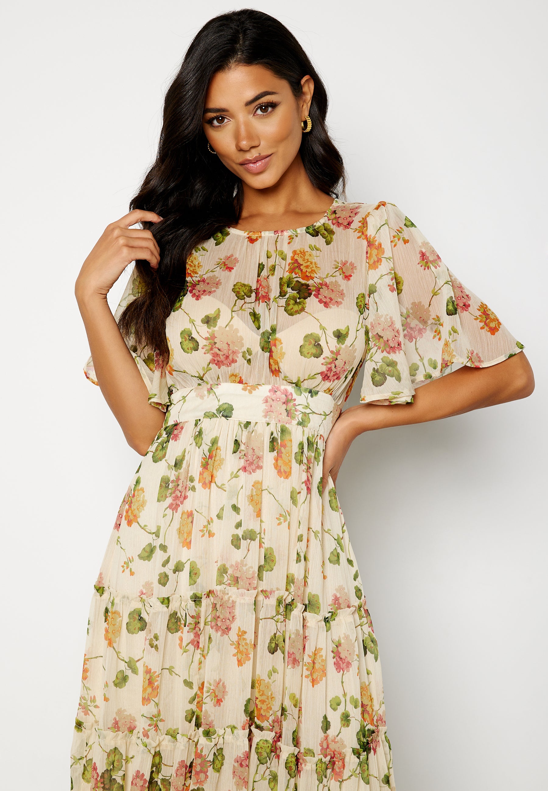 bytimo chiffon dress ByTiMo Multicolor Floral Print Smocked Chiffon V-Neck Mini Dress Size M NWT