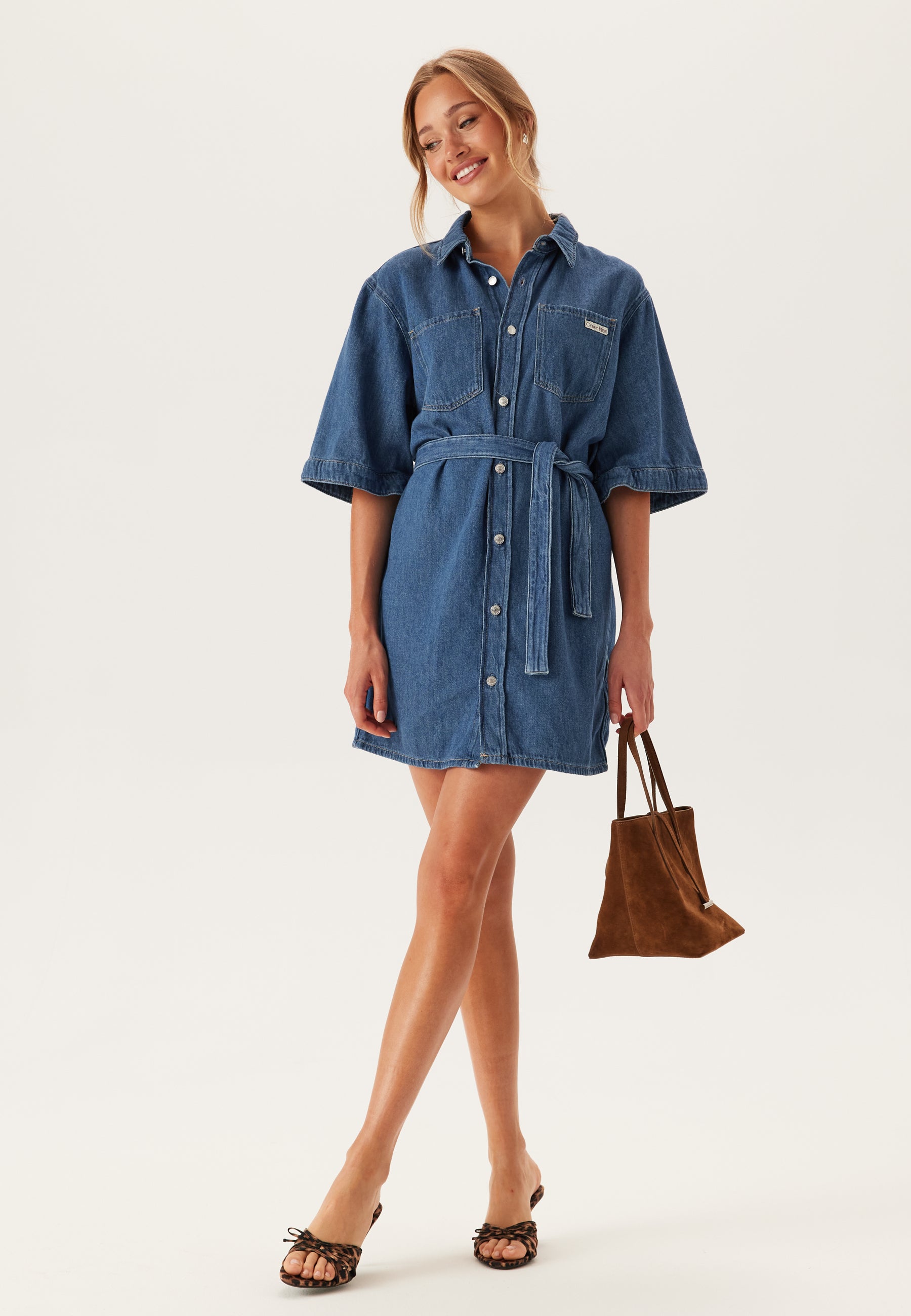 calvin klein belted jersey dress Calvin Klein Belted Sleeveless Shirt Dress | Green