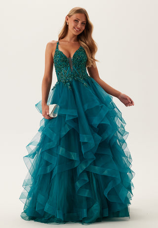 Tulle Frill Evening Dress with Lacing