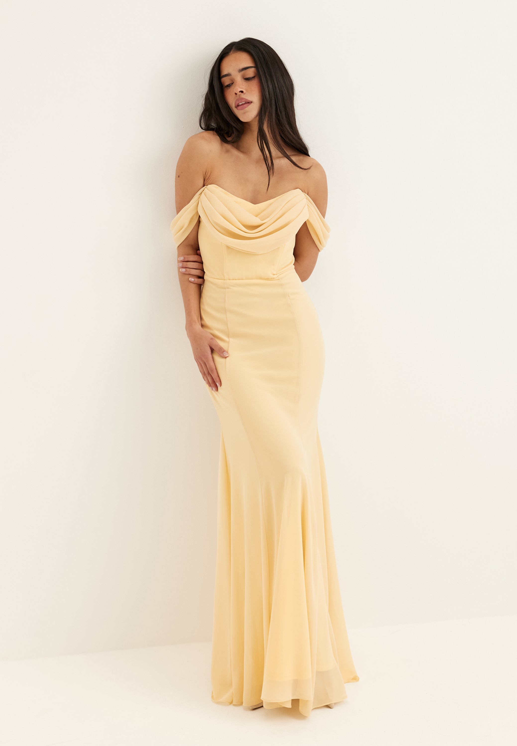 Goddiva – Chiffon Off Shoulder Maxi Dress – Bridesmaid dresses – Yellow