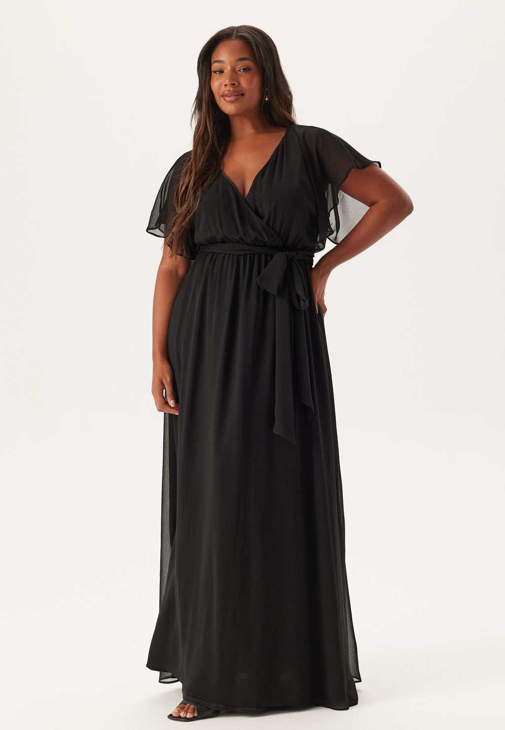 curve black maxi dress Goddiva curve – Flutter Sleeve Chiffon Maxi Curve Dress – Black – Black
