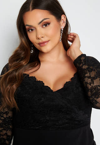 Long Sleeve Lace Trim Midi Dress