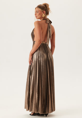 Deep V Pleated Halter Maxi Dre
