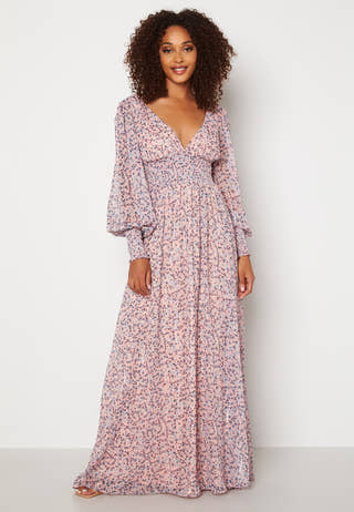 Ditsy Long Sleeve Shirred Maxi Dress
