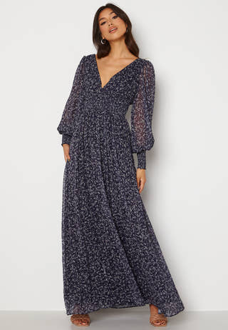 Ditsy Long Sleeve Shirred Maxi Dress
