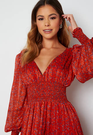 Ditsy Long Sleeve Shirred Maxi Dress