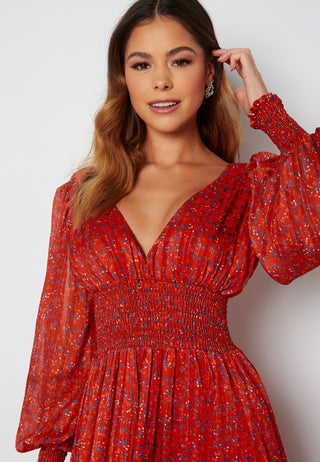 Ditsy Long Sleeve Shirred Maxi Dress