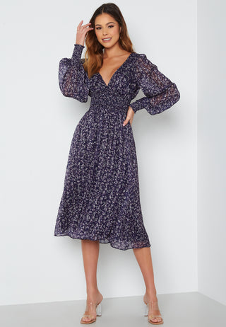 Ditsy Long Sleeve Shirred Midi Dress