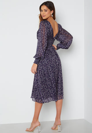 Ditsy Long Sleeve Shirred Midi Dress